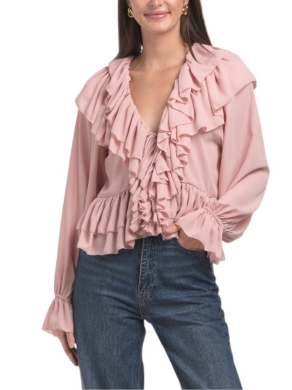 NWT Torn By Ronny Kobo Soraya Ruffled Blouse Rose Pink V Neck Peplum Romantic